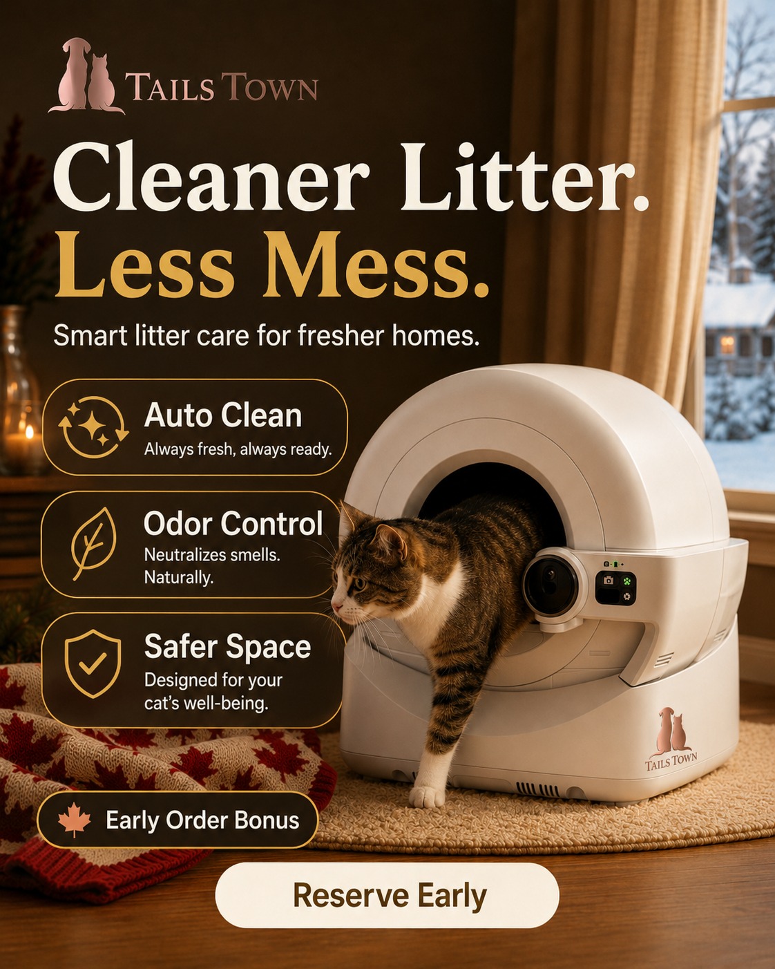 Tail's Town smart litter box with a cat and automatic cleaning, odor control, and safer-space details
