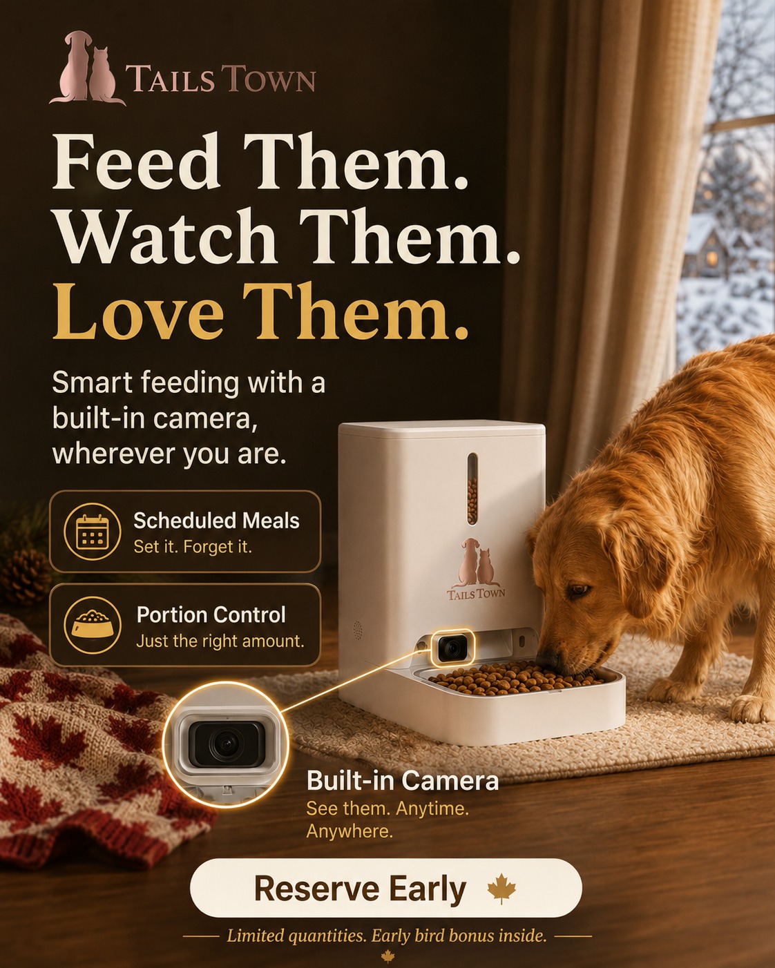 Tail's Town smart feeder with a dog, scheduled meal, portion control, and built-in camera details