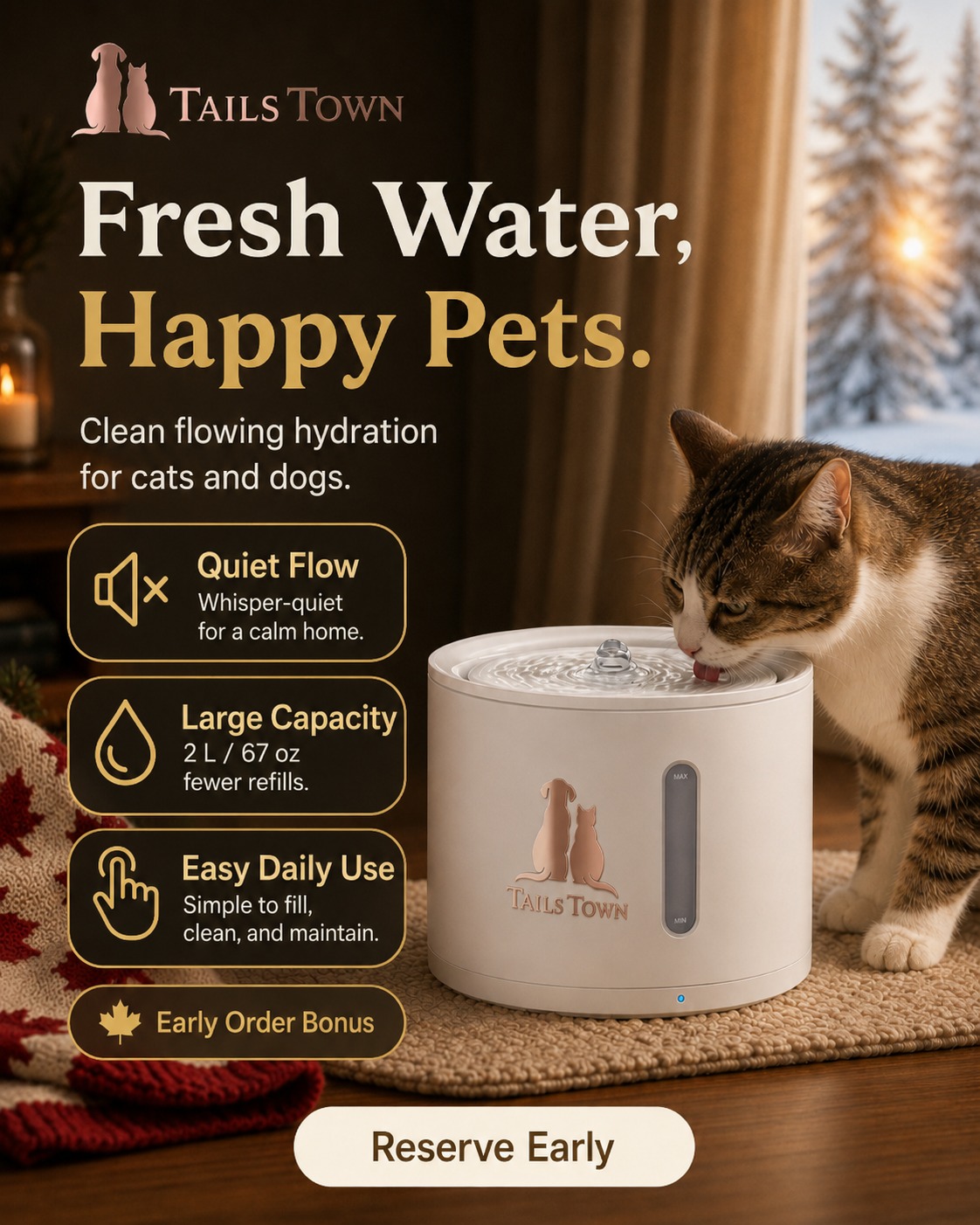 Tail's Town water fountain with a cat and quiet-flow, capacity, and daily-use details