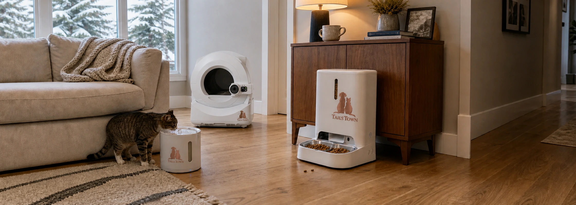 A cat drinks from a Tail's Town fountain beside the smart feeder and self-cleaning litter box in a Canadian home