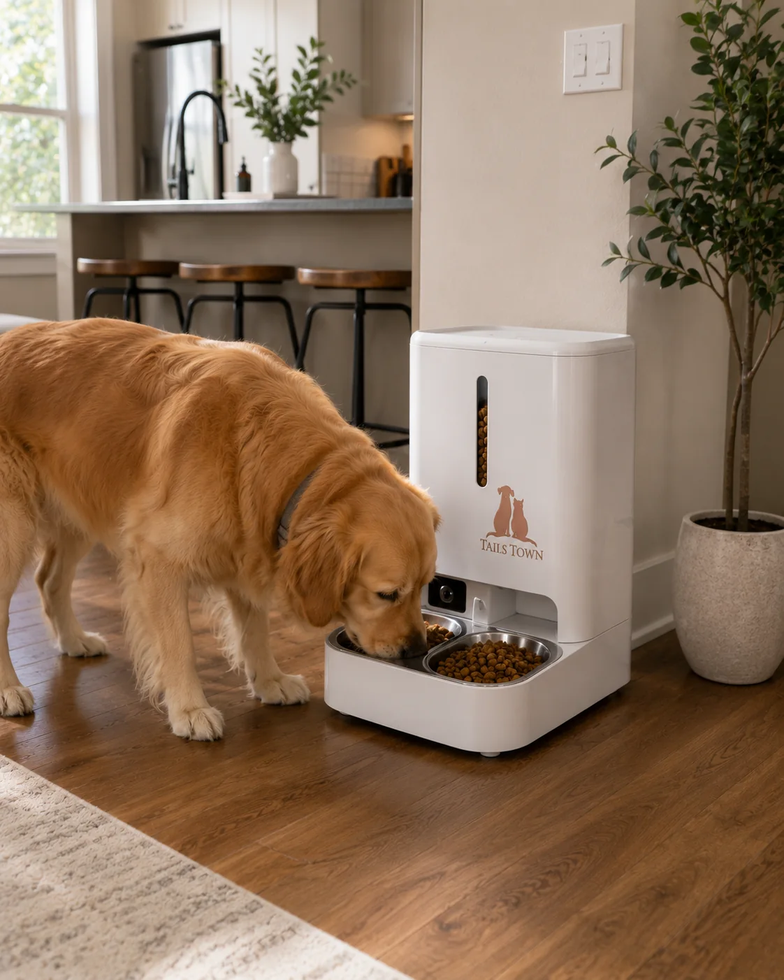 Dog relaxing near a Tail's Town feeder in a living room