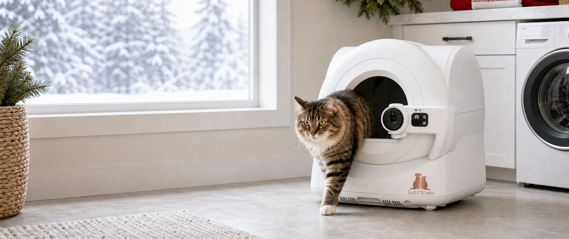 A cat beside a self-cleaning litter box