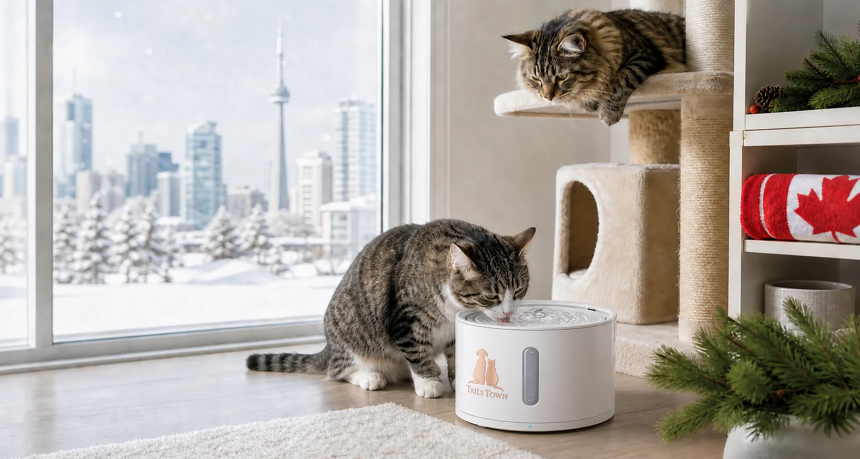 Two cats beside a smart water fountain