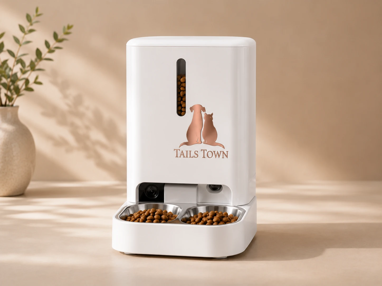 Smart automatic pet feeder on a warm shelf