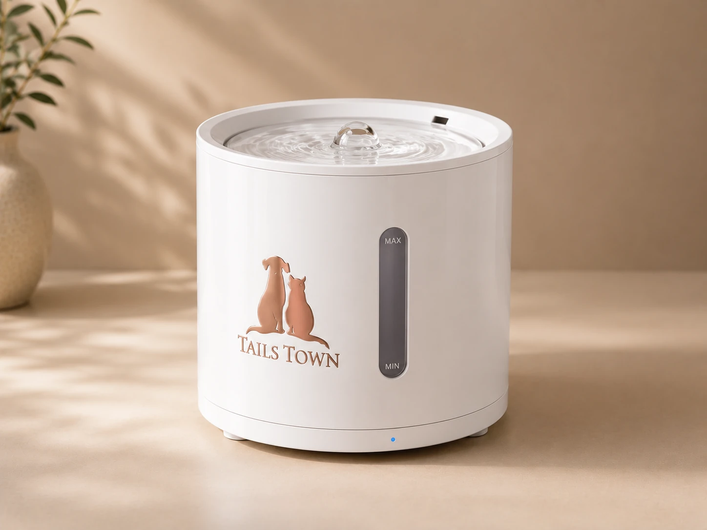 Modern pet water fountain on a warm shelf