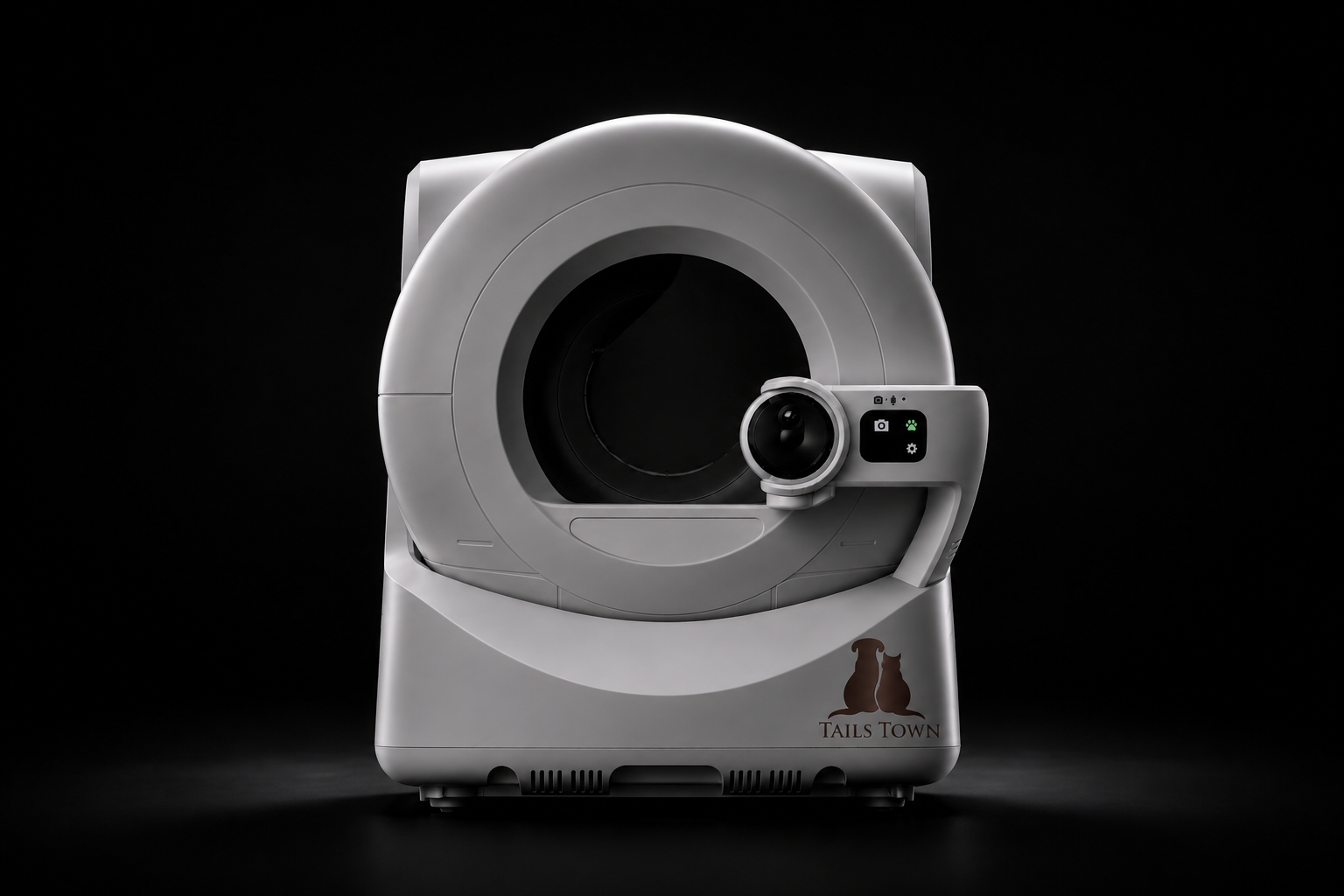 Tail's Town smart litter box assembled on a dark studio background